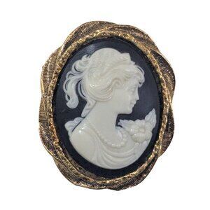 Vintage Gold Tone Lady Cameo Brooch Pin 1.5” Elegant Victorian Revival Jewelry D